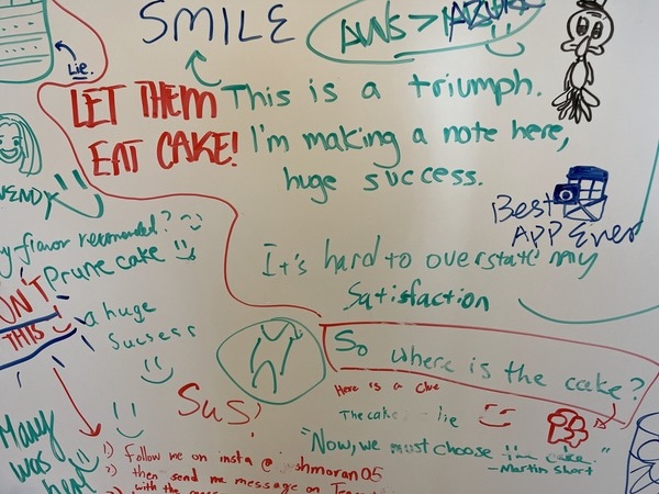 Whiteboard showing lyrics from Portal's credit song 'Still Alive'